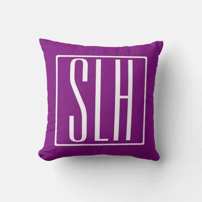 Bold Modern 3 Initials Monogram | White & Purple Throw Pillow (Front)
