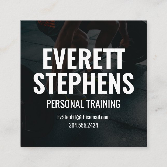 Bold modern black and white fitness trainer square business card (Front)