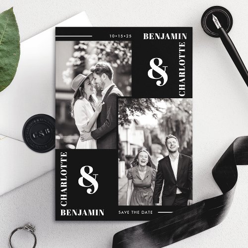 Bold Modern Black Two Photo Save The Date Card