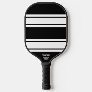 Bold Modern Black White Stripe Pattern Custom Text Pickleball Paddle