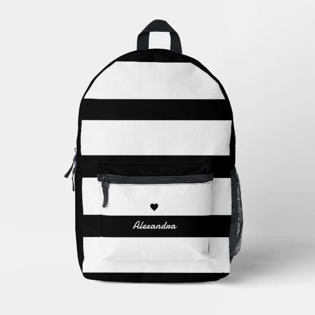 Bold Modern Black White Striped | Custom Name Printed Backpack (Front)