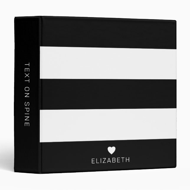 Bold Modern Black White Striped Pattern with Heart 3 Ring Binder (Front/Spine)