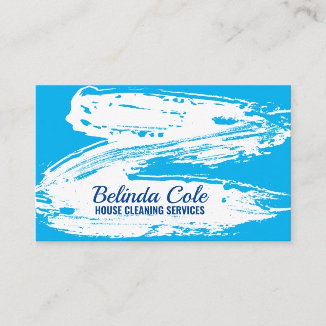 Bold Modern Blue And White Cleaning Splatter Business Card (Front)