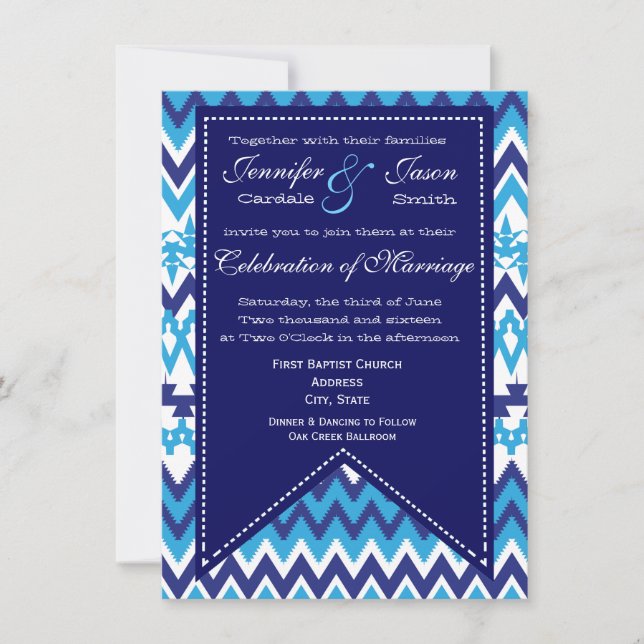 Bold Modern Blue Chevron Wedding Invitations (Front)