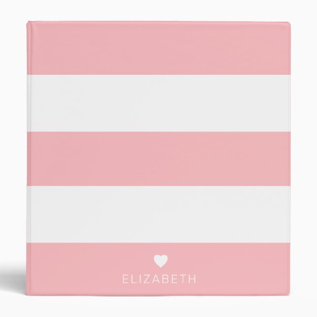 Bold Modern Blush Pink Striped Pattern with Heart 3 Ring Binder (Front)