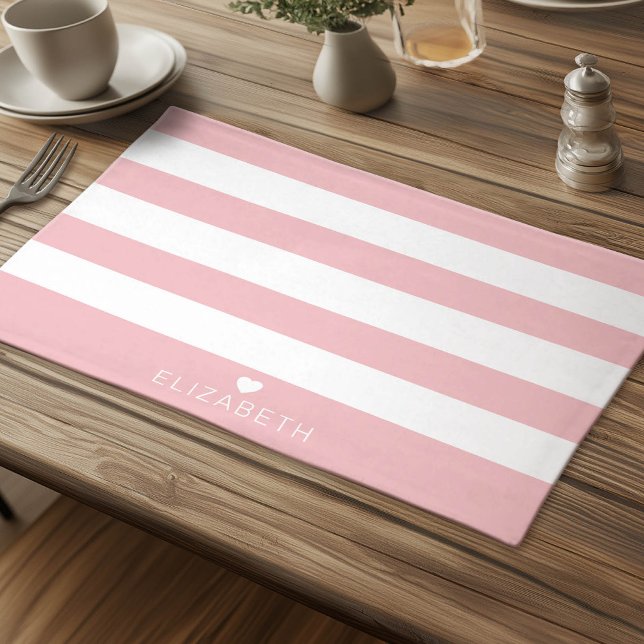 Bold Modern Blush Pink Striped Pattern with Heart Cloth Placemat (Personalized Cloth Placemat)