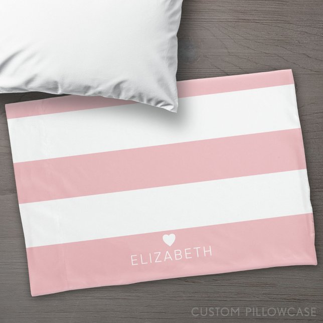 Bold Modern Blush Pink Striped Pattern with Heart Pillow Case (Custom Pillowcase)