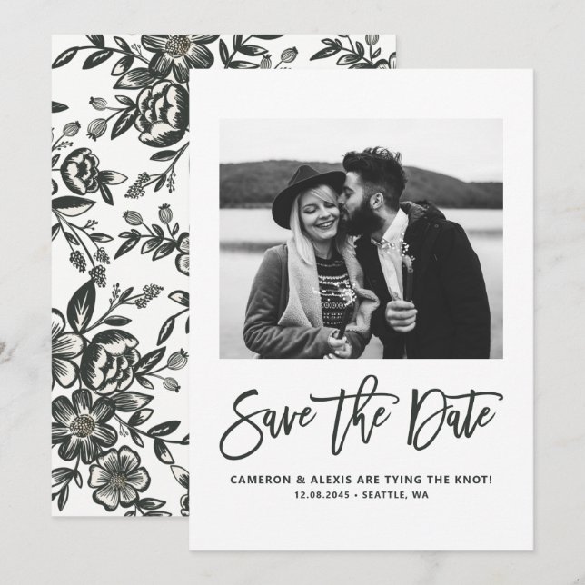 Bold Modern Calligraphy Floral Photo Save The Date (Front/Back)