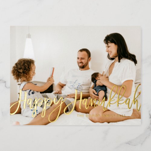 Bold Modern Calligraphy Happy Hanukkah Photo  Foil Holiday Postcard