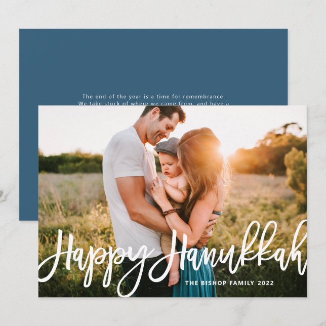 Bold Modern Calligraphy Happy Hanukkah Photo  Holiday Card (Front/Back)