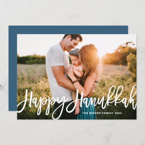 Bold Modern Calligraphy Happy Hanukkah Photo  Holiday Card