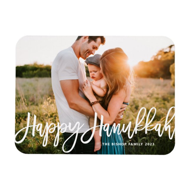 Bold Modern Calligraphy Happy Hanukkah Photo  Magnet (Horizontal)