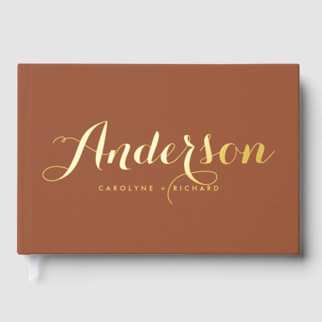 Bold Modern Calligraphy Terracotta Photo Wedding Foil Guest Book (Front)