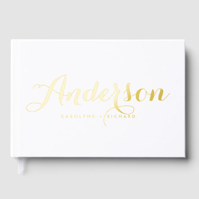 Bold Modern Calligraphy White Photo Wedding Foil Guest Book (Front)