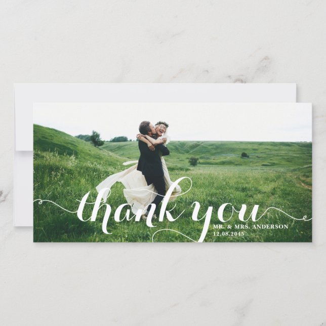 Bold Modern Calligraphy White Photo Wedding Thank You Card (Front)
