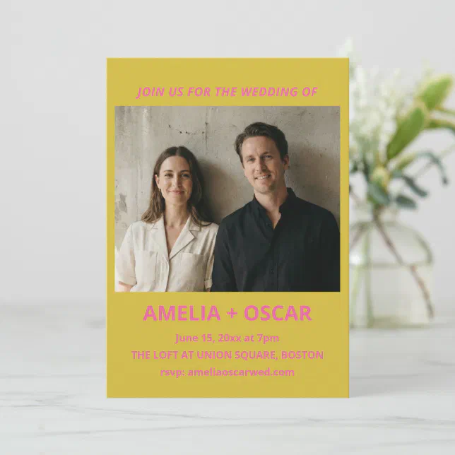 Bold Modern Chartreuse Pink Yellow Wedding Photo Invitation | Zazzle