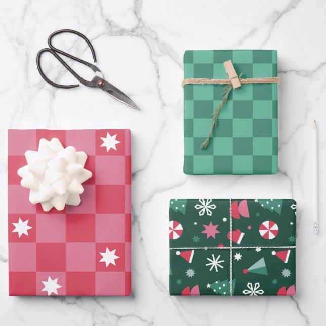 Bold Modern Checkered Christmas  Wrapping Paper Sheets (Front)