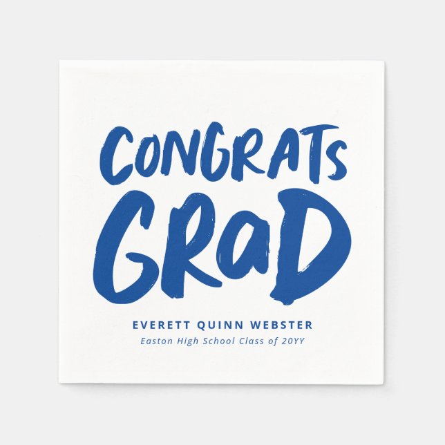 Bold modern congrats grad blue graduation party napkins (Front)