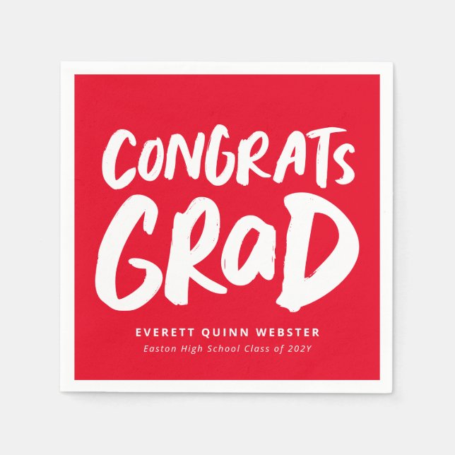 Bold modern congrats grad red graduation party napkins (Front)