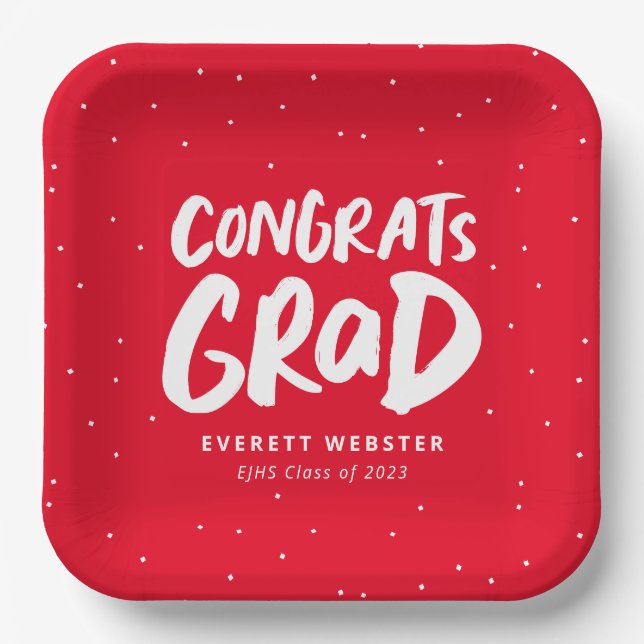 Bold modern congrats grad red graduation party paper plates (Front)