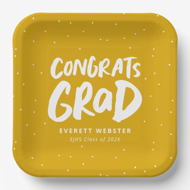 Bold modern congrats grad yellow graduation party paper plates (Front)