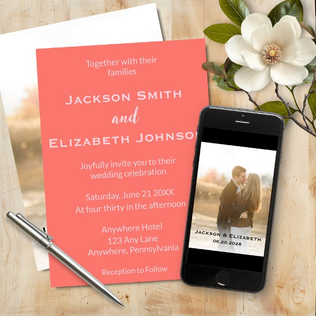 Bold Modern Coral and Pink Photo Wedding Invitation (Creator Uploaded)