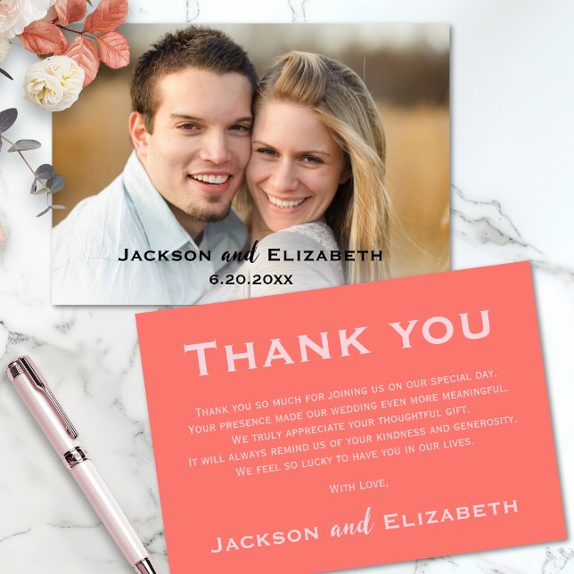 Bold Modern Coral and Pink Photo Wedding Thank You Card (Modern Coral Photo Wedding Thank You Card with soft pink Writing.)