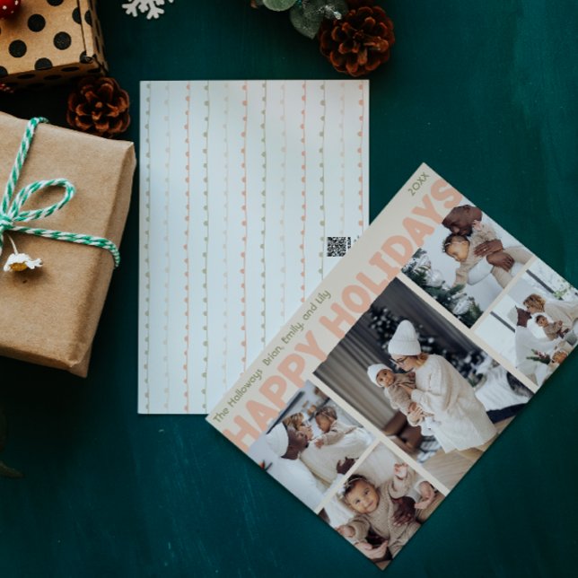 Bold Modern Coral Five Photo Happy Holiday Card (Creator Uploaded)