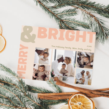 Bold Modern Coral Merry And Bright Five Photo Holiday Card