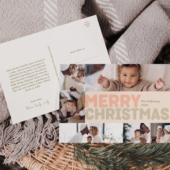 Bold Modern Coral Merry Christmas Six-Photo Holiday Postcard (Creator Uploaded)