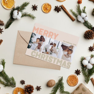 Bold Modern Coral Merry Christmas Three Photo  Holiday Card