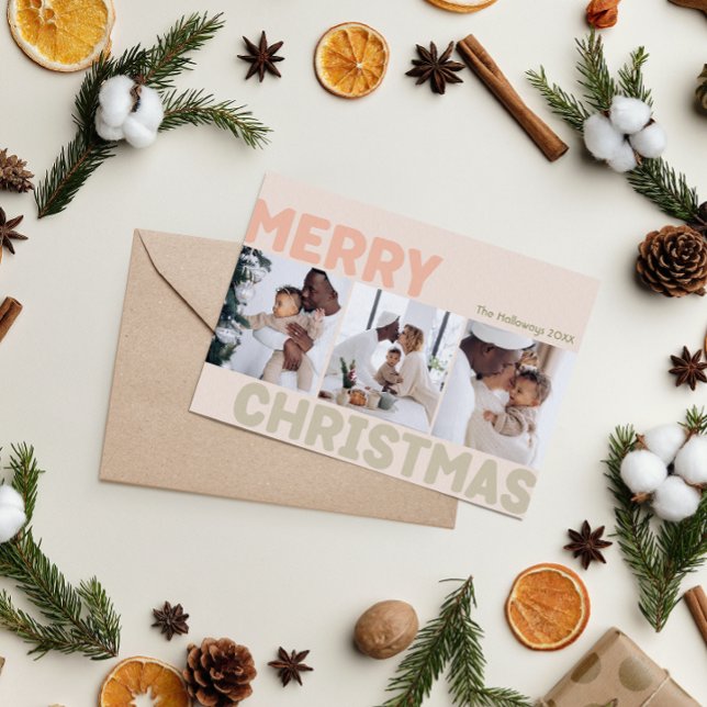 Bold Modern Coral Merry Christmas Three Photo  Holiday Card (Creator Uploaded)