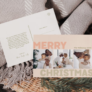 Bold Modern Coral Merry Christmas Three Photo Holiday Postcard