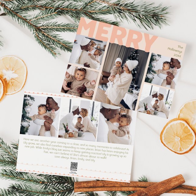 Bold Modern Coral Merry Year In Review Eight Photo Holiday Card (Creator Uploaded)