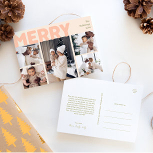 Bold Modern Coral Merry Year in Review Five Photo Holiday Postcard