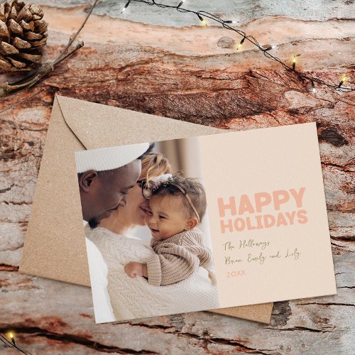 Bold Modern Coral One Photo Happy Holiday Card