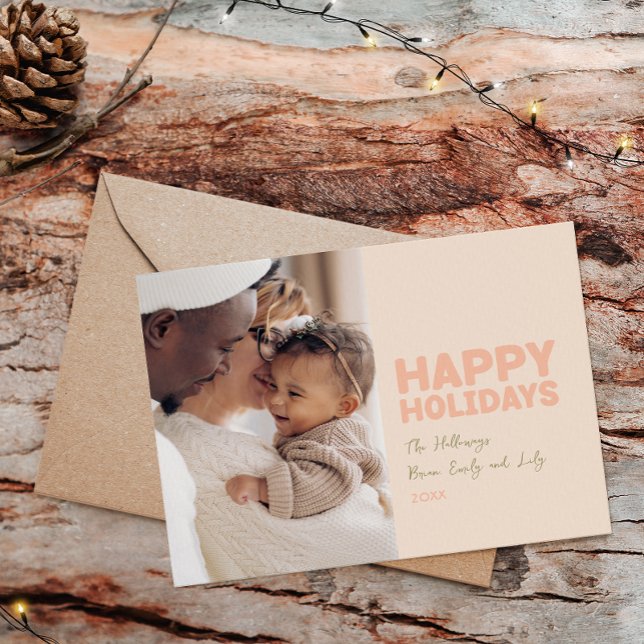 Bold Modern Coral One Photo Happy Holiday Card (Creator Uploaded)