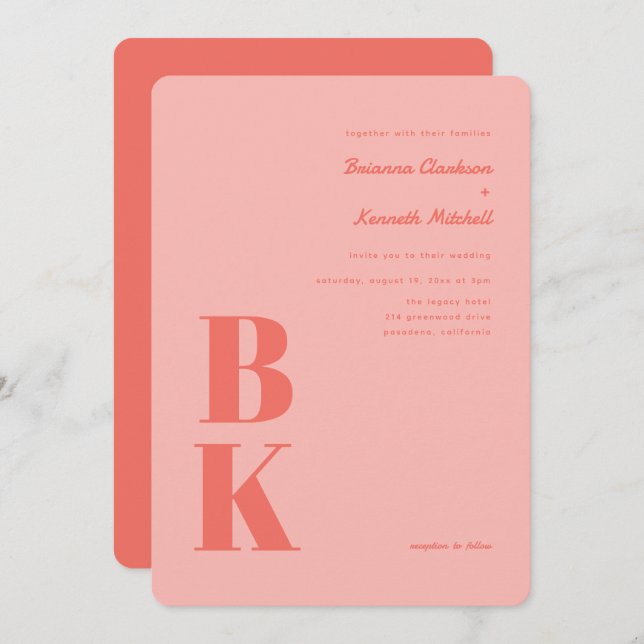 Bold Modern Coral with Pink Monogram Wedding Invitation (Front/Back)