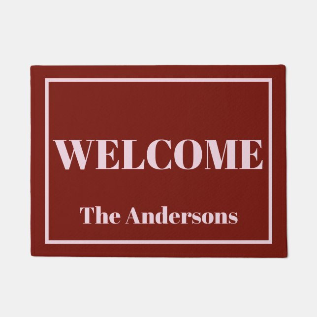 Bold Modern Cranberry and Pink Personalized Doormat (Front)