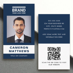 Bold modern dark blue white photo logo QR code Business Card