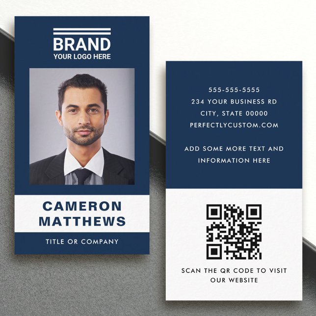 Bold modern dark blue white photo logo QR code Business Card (Creator Uploaded)