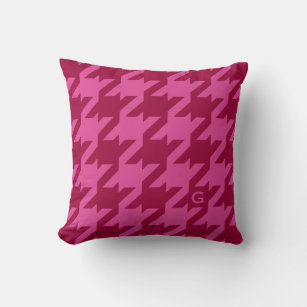 Bold modern deep pink houndstooth with monogram throw pillow