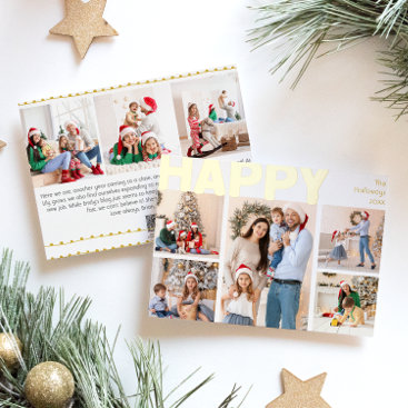 Bold Modern Eight-Photo Happy Gold Foil Holiday Card