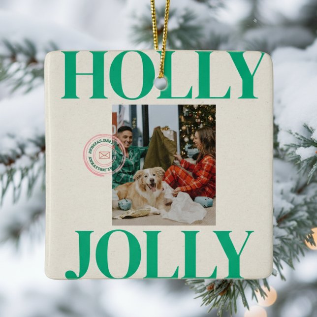 Bold Modern Family Photo Cute Stamp Holiday Card Ceramic Ornament (Celebrate the season in bold style with this playful “Holly Jolly” ornament!)