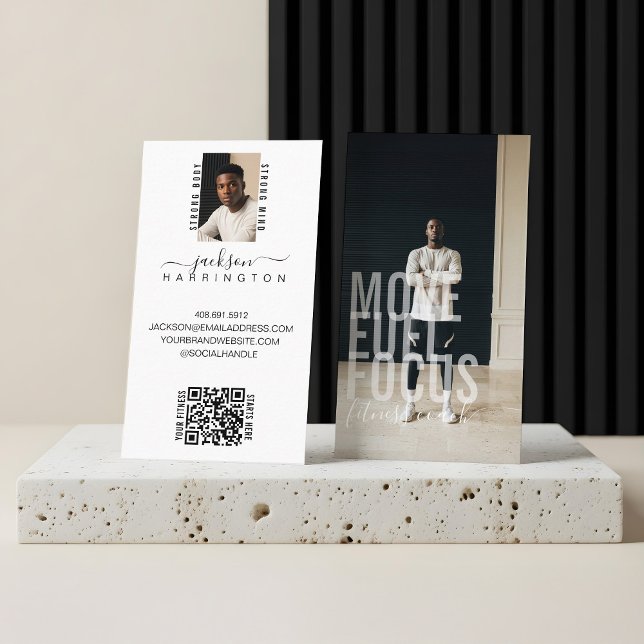 Bold Modern Fitness Coach Personal Trainer Photos Business Card (Modern Bold Script Calligraphy Fitness Photo QR Business Card)