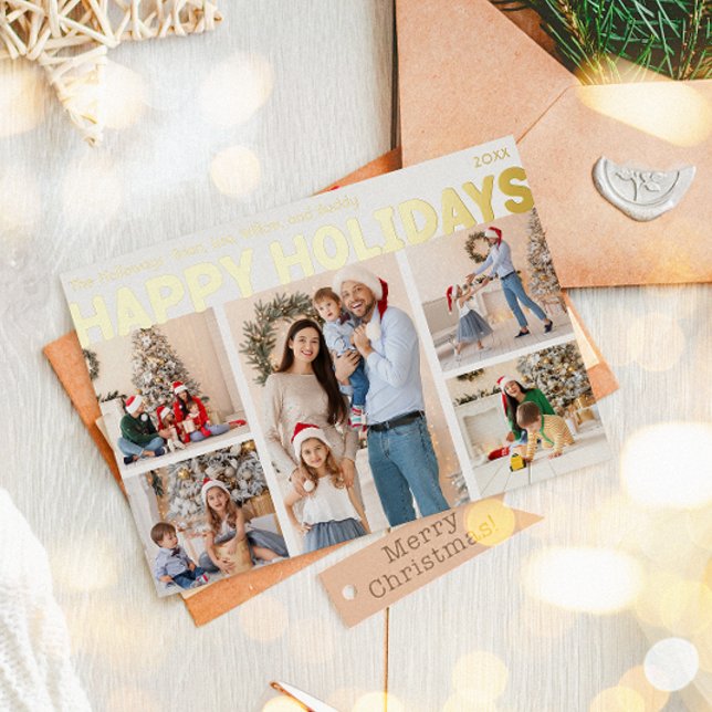 Bold Modern Five-Photo Happy Gold Foil Holiday Card (Creator Uploaded)