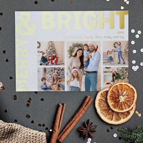 Bold Modern Five_Photo Merry and Bright Gold Foil Holiday Card