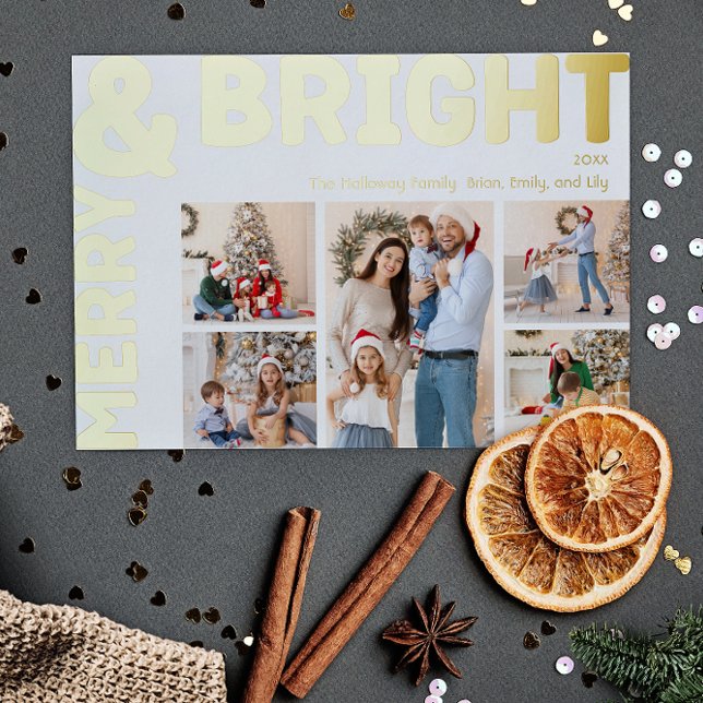 Bold Modern Five-Photo Merry and Bright Gold Foil Holiday Card (Creator Uploaded)