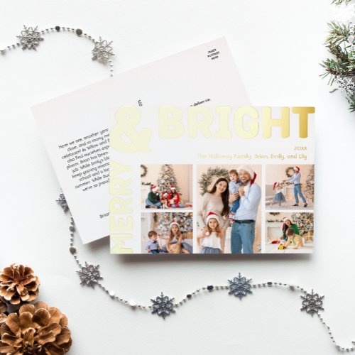 Bold Modern Five Photo Merry and Bright Gold Foil Holiday Postcard