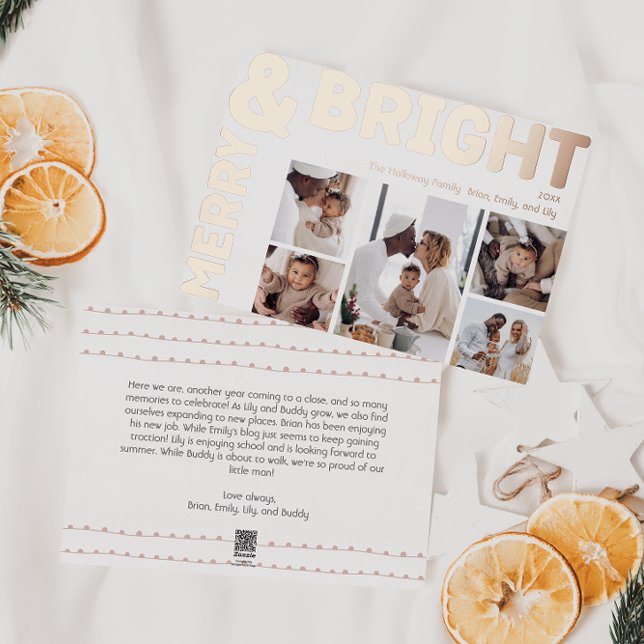 Bold Modern Five-Photo Merry and Bright Rose Gold Foil Holiday Card (Creator Uploaded)